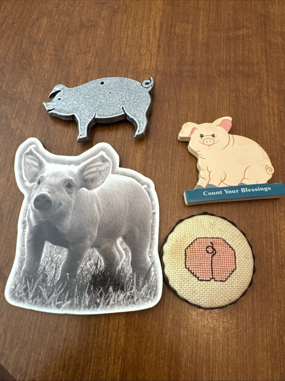 Vintage pig magnet collection. Lot of 4 plastic, metal,wood and cross stitch